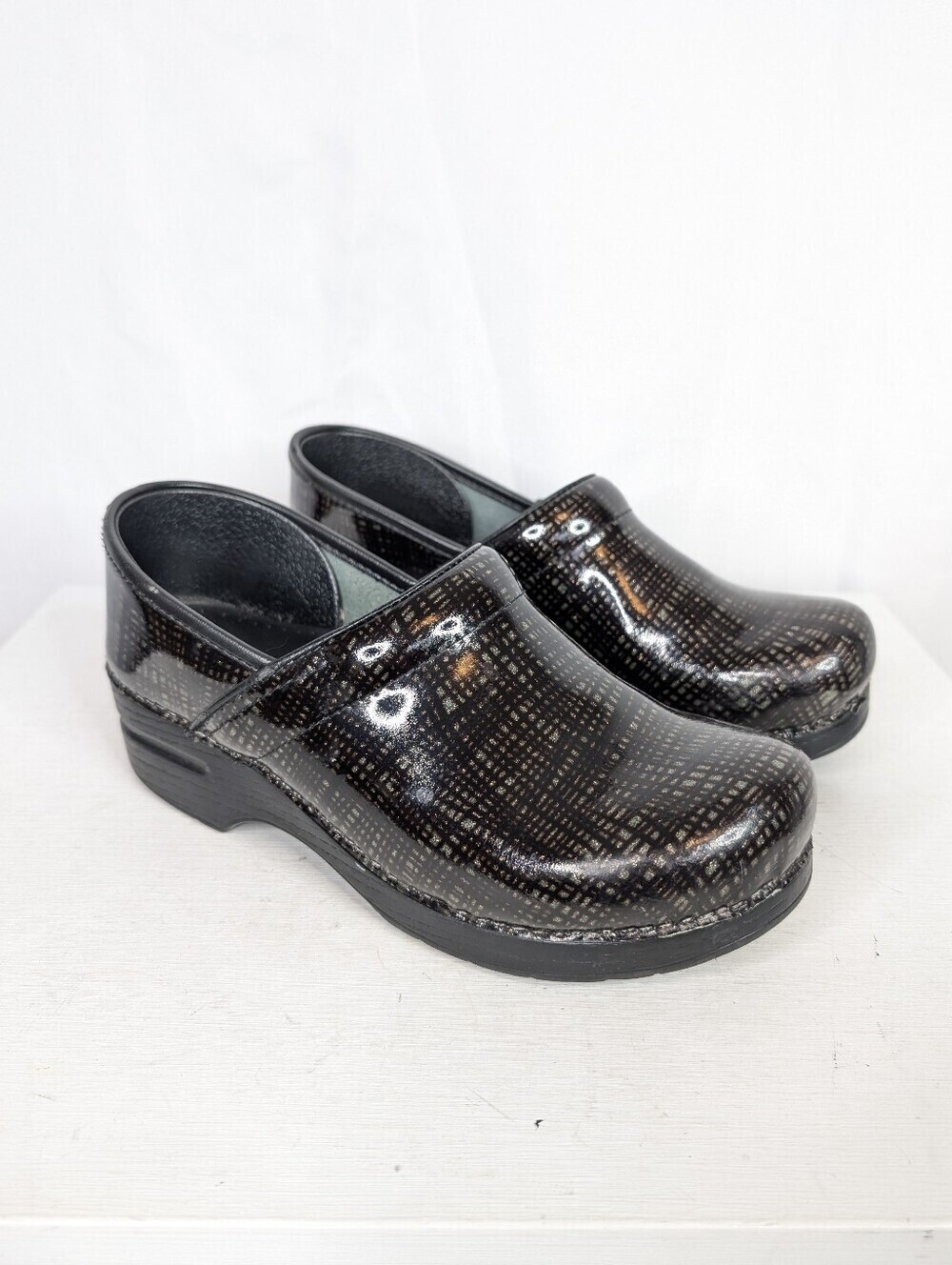 Dansko Black Crosshatch Metallic Patent Leather Clogs - Size 10